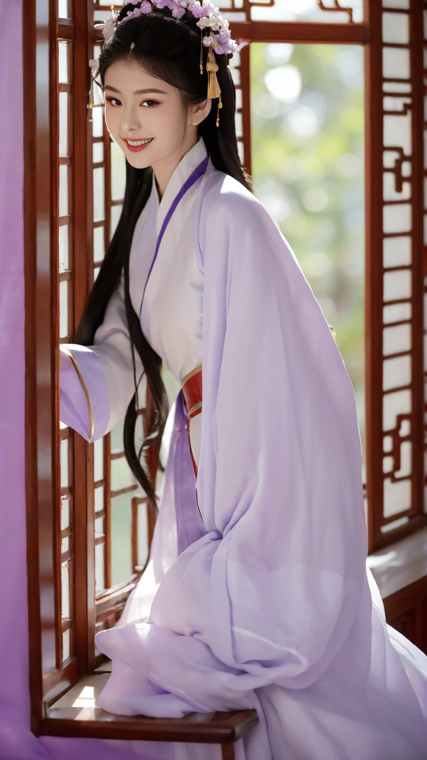 Fashion model 18 years old [[[[close up]]]], [[[[neck]]]], [[[[Shoulder]]]], Perfect eyes, Perfect Iris，Perfect lips，Perfect Teeth，Perfect skin，White skin，Soft headlights，High-density imaging，Black long hair，（Clean and delicate face），((Lilac Chinese Clothing))，((Smile))，((Background is indoor))，((window))，best quality，masterpiece，（Soft colors：1.2）