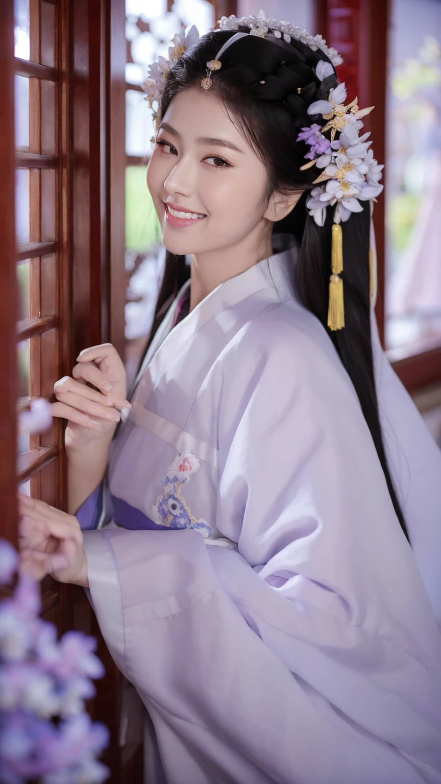 Fashion model 18 years old [[[[close up]]]], [[[[neck]]]], [[[[Shoulder]]]], Perfect eyes, Perfect Iris，Perfect lips，Perfect Teeth，Perfect skin，White skin，Soft headlights，High-density imaging，Black long hair，（Clean and delicate face），((Lilac Chinese Clothing))，((Smile))，((Background is indoor))，((window))，best quality，masterpiece，（Soft colors：1.2）