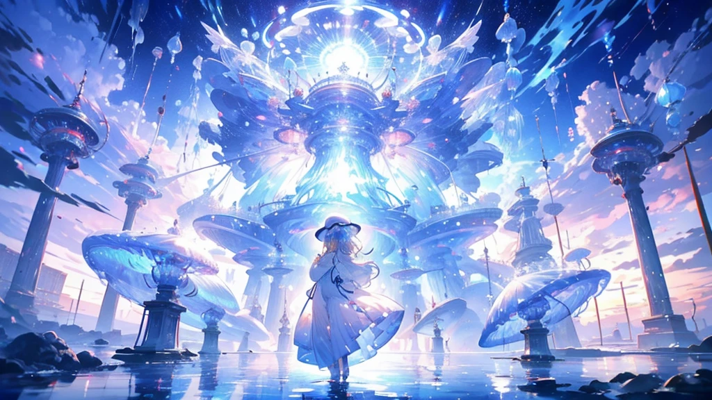 Person in a white dress、Arafad image of a woman in a white hat, Jellyfish Shrine Maiden, Complex and gorgeous anime CGI style, Jellyfish Miko, cgstation Popular Topics, Gwaiz, Close-up fantasy of the magic of water, Anime girl walking on water, Gwaiz style artwork, Jellyfish Dance, Fantastic fantasy, Victorian era,Elements of jellyfish