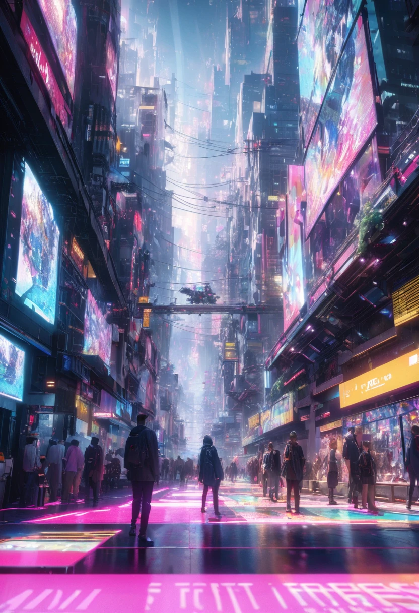 People live, Future City Street , Bright lighting, Spirited, Very crowded, Populous, Color Scheme, Art Station, Create ultra-realistic renderings of aircraft，cyber punk. Street cables densely cover the areas between buildings. Lighting scene lights on, quality\(8K,非常に精細なCGユニットのwallpaper, masterpiece,High resolution,top-quality,top-quality real texture skin,Surreal,Increase the resolution,RAW Photos,最高quality,Very detailed,wallpaper,Cinema Lighting,Ray-tracing,Golden Ratio\),(Long Shot),landscape,