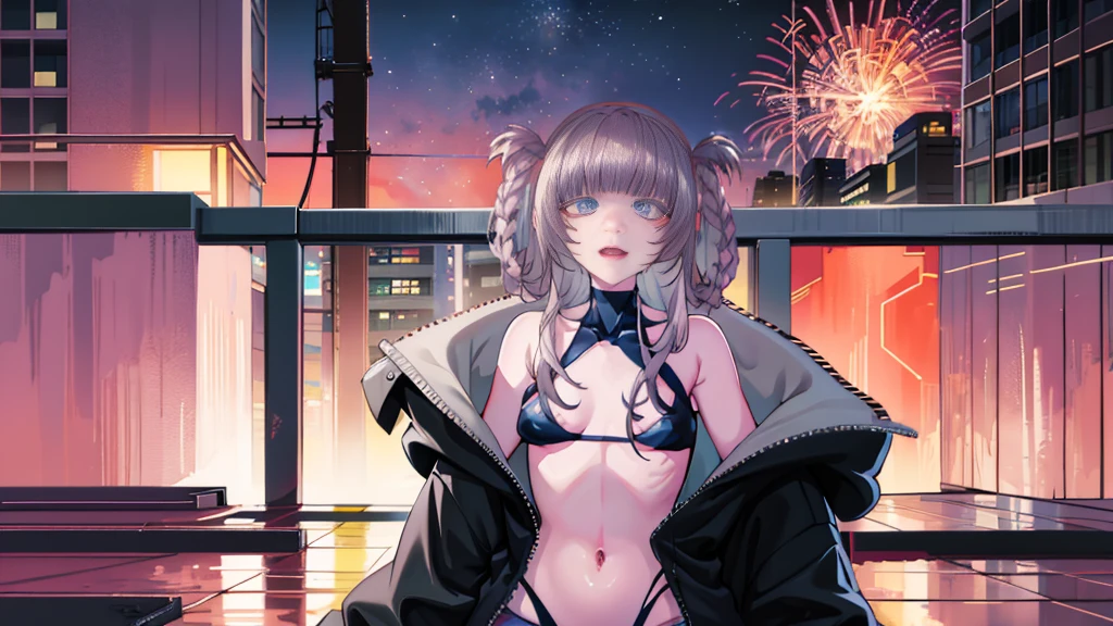 night, Colorful Cyberpunk City Background, rain, two, Maid Girl, Nanakusa Nazuna, 1, stripe, Black background, Jacket preta, shirt preta, Shorts pretos, blue eyes, stripe romba, chest, Cut-out neckline, Clothing cutouts, Crop top, Shadow, dam, Gradient Hair, Gray Hair, Hair Ring, Jacket, Light purple hair, Watching the audience, compensate, Multicolored Hair, belly button, Open your mouth, Shadow vermelha, shirt, Shorts, No sleeve, No sleeveタートルネック, manga top de colheita de High throat, chest pequenos, alone, Stomach, High throat, topo de colheita de High throat, Two-tone hair, vampire, blue eyes, Bright Eyes, Black Stockings, バックLight付き, Shine, Audience Survey, Low angle lens, Looking up at the lens, Perfect composition, delicadeza perfeita de luz e Shadow, 8K,One girl,Long Hair, Hair above the crotch,  (),only_arms,Outdoor,our,Light_With a smile