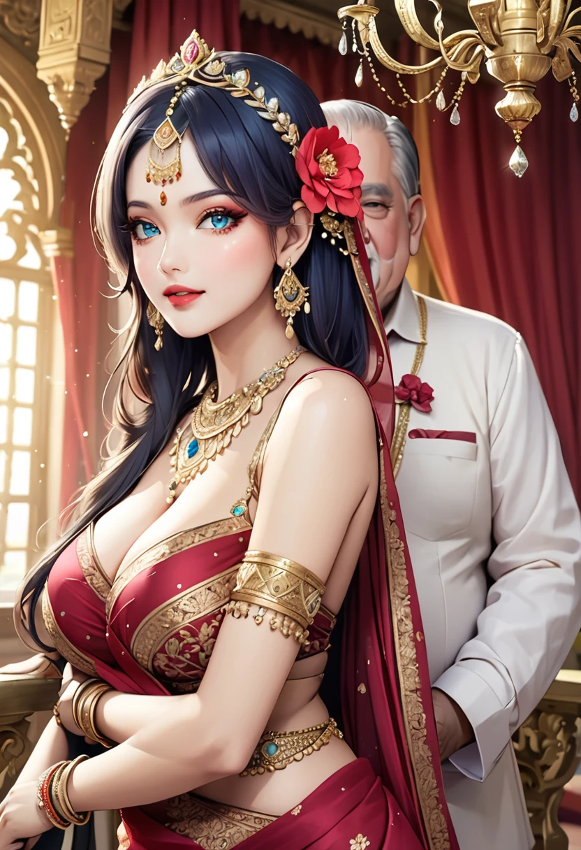 
Hot sexy beautiful one  princess  with hugging ugly fat old man,   long sparkling chandelier earrings,big breasts, ,black hair ,blush,blue eyes,red lipstick, chandelier jewelry,makeup, ornament, chandelier necklace,waist chain, rings,bangles,hair flower brochure,hair pins,hair chain, royal palaces and grand architecture, Traditional Indian sari, elegant draping style, intricate floral motifs, handwoven silk material, embellished with sequins and beads, sparkling gemstones and gold accents, artistic rendering of Indian culture, traditional jewelry and accessories, indian traditional wedding saree, crown , 