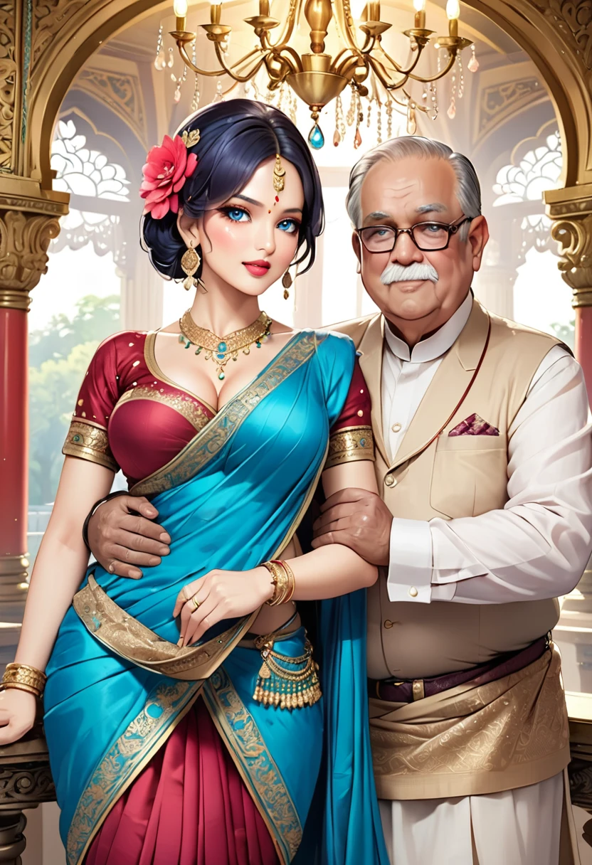 Hot sexy beautiful one indian girl with hugging ugly fat old man, long sparkling chandelier earrings,big breasts, nude ,black hair ,blush,blue eyes,red lipstick, chandelier jewelry,makeup, ornament, chandelier necklace,waist chain, rings,bangles,hair flower brochure,hair pins,hair chain, royal palaces and grand architecture, Traditional Indian sari, elegant draping style, intricate floral motifs, handwoven silk material, embellished with sequins and beads, sparkling gemstones and gold accents, artistic rendering of Indian culture, traditional jewelry and accessories, indian traditional wedding saree, crown ,