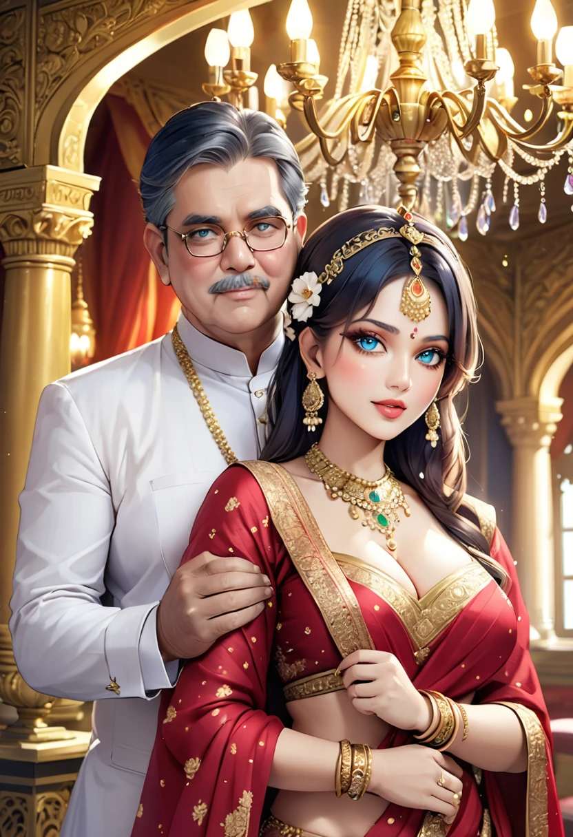 
Hot sexy beautiful one  princess  with hugging ugly fat old man,   long sparkling chandelier earrings,big breasts, ,black hair ,blush,blue eyes,red lipstick, chandelier jewelry,makeup, ornament, chandelier necklace,waist chain, rings,bangles,hair flower brochure,hair pins,hair chain, royal palaces and grand architecture, Traditional Indian sari, elegant draping style, intricate floral motifs, handwoven silk material, embellished with sequins and beads, sparkling gemstones and gold accents, artistic rendering of Indian culture, traditional jewelry and accessories, indian traditional wedding saree, crown , 