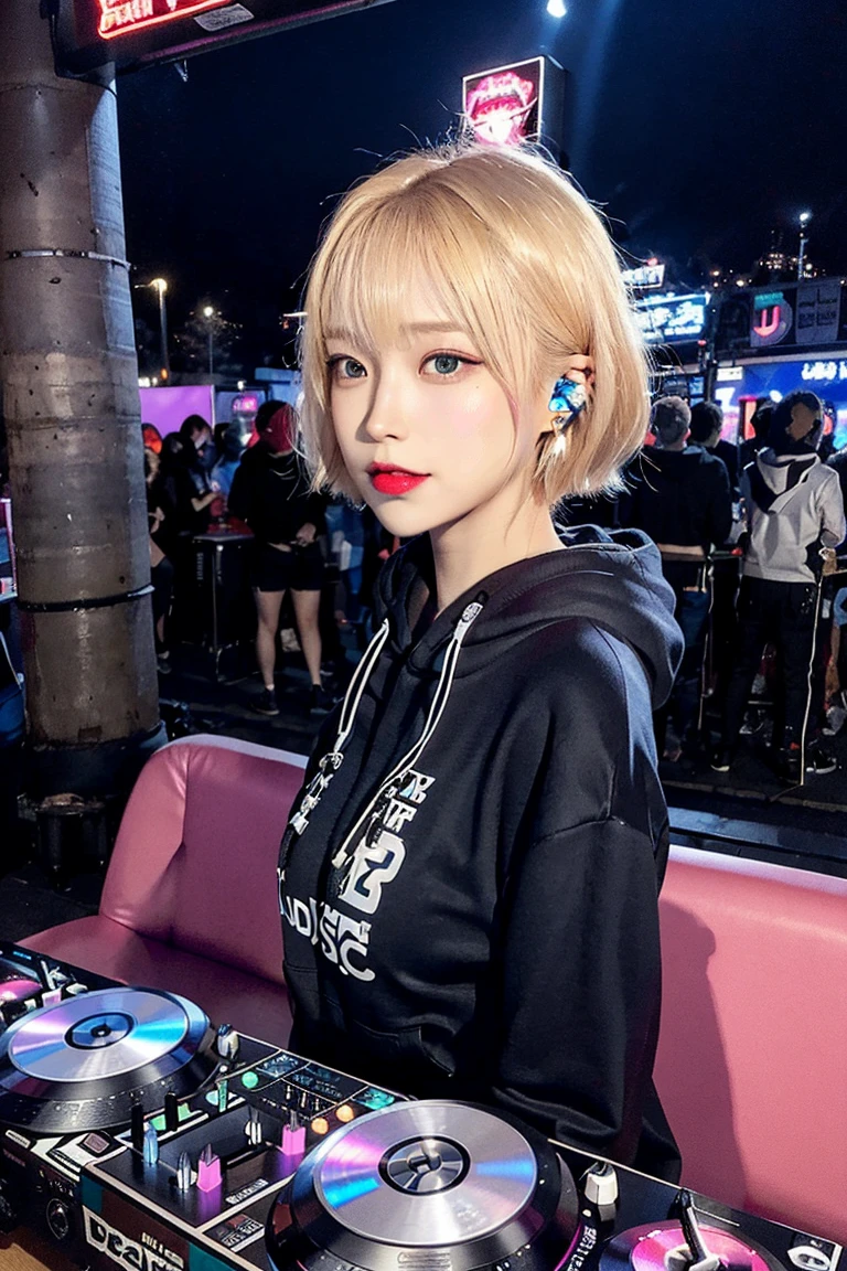 Highest quality, Tabletop, Ultra-high resolution, (Realistic:1.4), (Japanese Idols),RAW Photos, One Girl, night,Detailed skin,nightclub,Disco,(blonde:1.2), Glossy Lips,smile,21 years old,Beautiful and beautiful eyes,eye shadow,Diamond jewellery,Earrings,Gold Jewelry,(hoodie:1.3),,(Shoulder strengthening:1.2),A well-trained body,(Pixie Cut),Round face,(playing music as a DJ:1.5),  (DJ:1.2) Vibrant performances (Music Festival:1.2) and (Lively crowd:1.1) and (Colorful stage lights:1.1),Cleavage、Medium breast