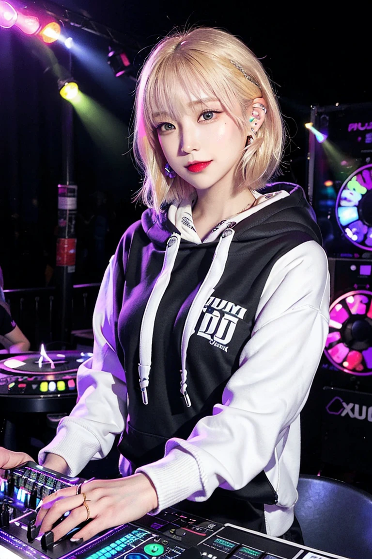 Highest quality, Tabletop, Ultra-high resolution, (Realistic:1.4), (Japanese Idols),RAW Photos, One Girl, night,Detailed skin,nightclub,Disco,(blonde:1.2), Glossy Lips,smile,21 years old,Beautiful and beautiful eyes,eye shadow,Diamond jewellery,Earrings,Gold Jewelry,(hoodie:1.3),,(Shoulder strengthening:1.2),A well-trained body,(Pixie Cut),Round face,(playing music as a DJ:1.5),  (DJ:1.2) Vibrant performances (Music Festival:1.2) and (Lively crowd:1.1) and (Colorful stage lights:1.1),Cleavage、Medium breast