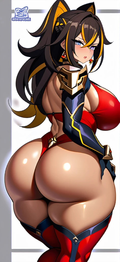 anime girl dehya (genshin impact) busty with thick thighs and big ass bigger than thighs and head and body , ass view, hyper ass with long hair