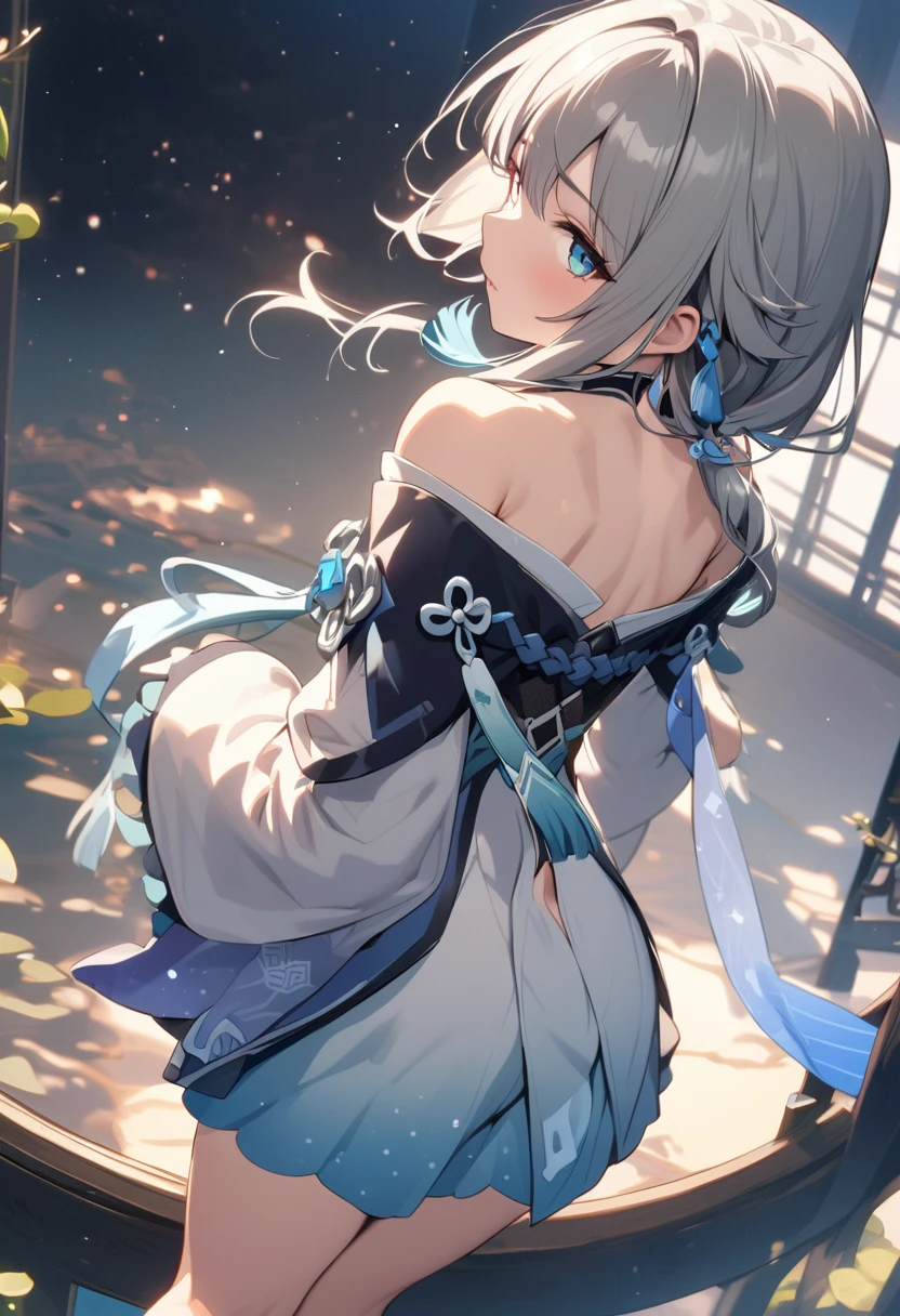 masterpiece, best quality, 1 Girl, Solitary, guizhong_Genshin Impact, default_skirt, From the back, Starry sky print, Sleeves that cover the wrists, barefoot 