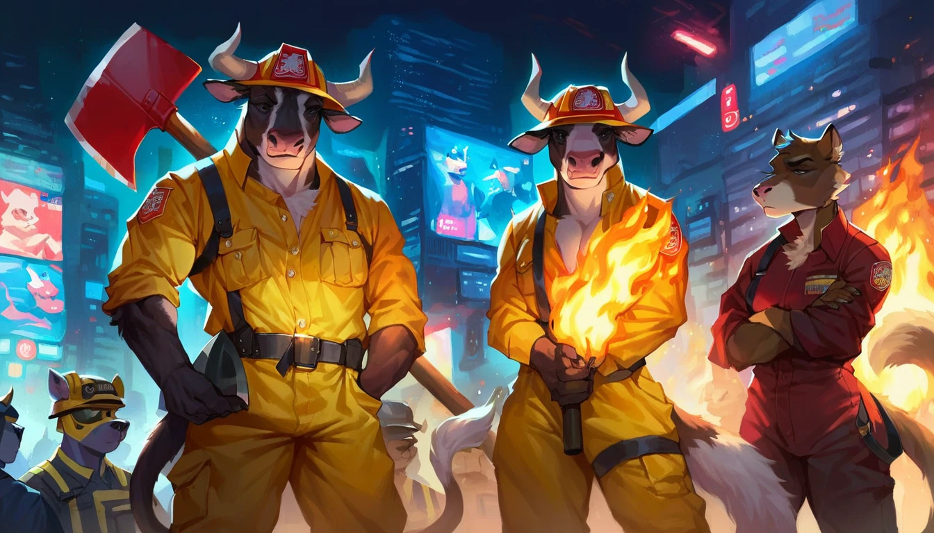 score_9, score_8_up, score_7_up, (cyberpunk city, wildfire, emergency, fire on background),
((furry:1.2), anthro, horns, crowd, group, gang, 2others, (female, male), (portrait, standing), (holding axe), ((wearing firefighter uniform), (wearing helmet)), ((bull fur)), muscular, beautiful, (have cyberpunk-style additions)