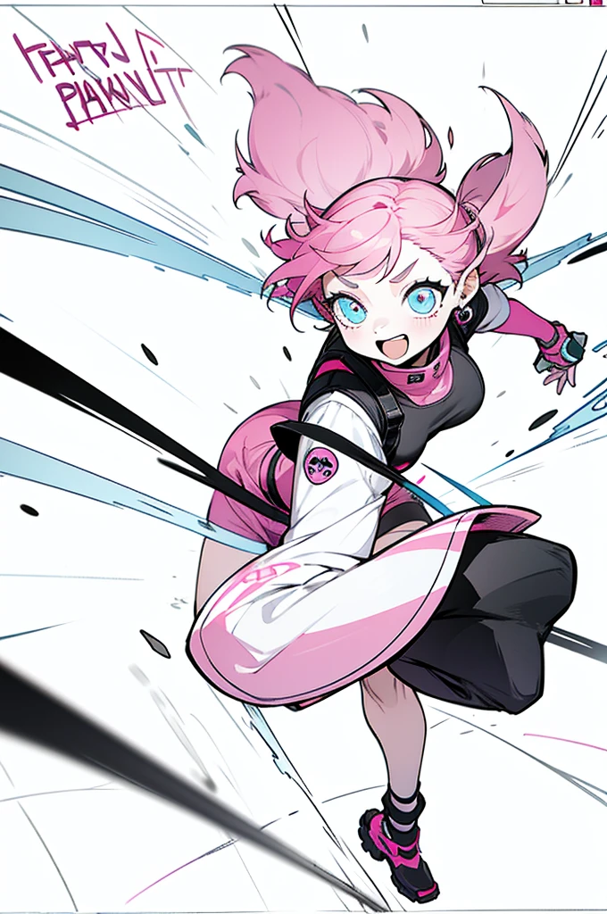 This 16-year-old energetic girl,The name is Peanut,Love to laugh,Short hair with some pink highlights,Pure black tight combat uniform,Not afraid of death,Optimistic and cheerful