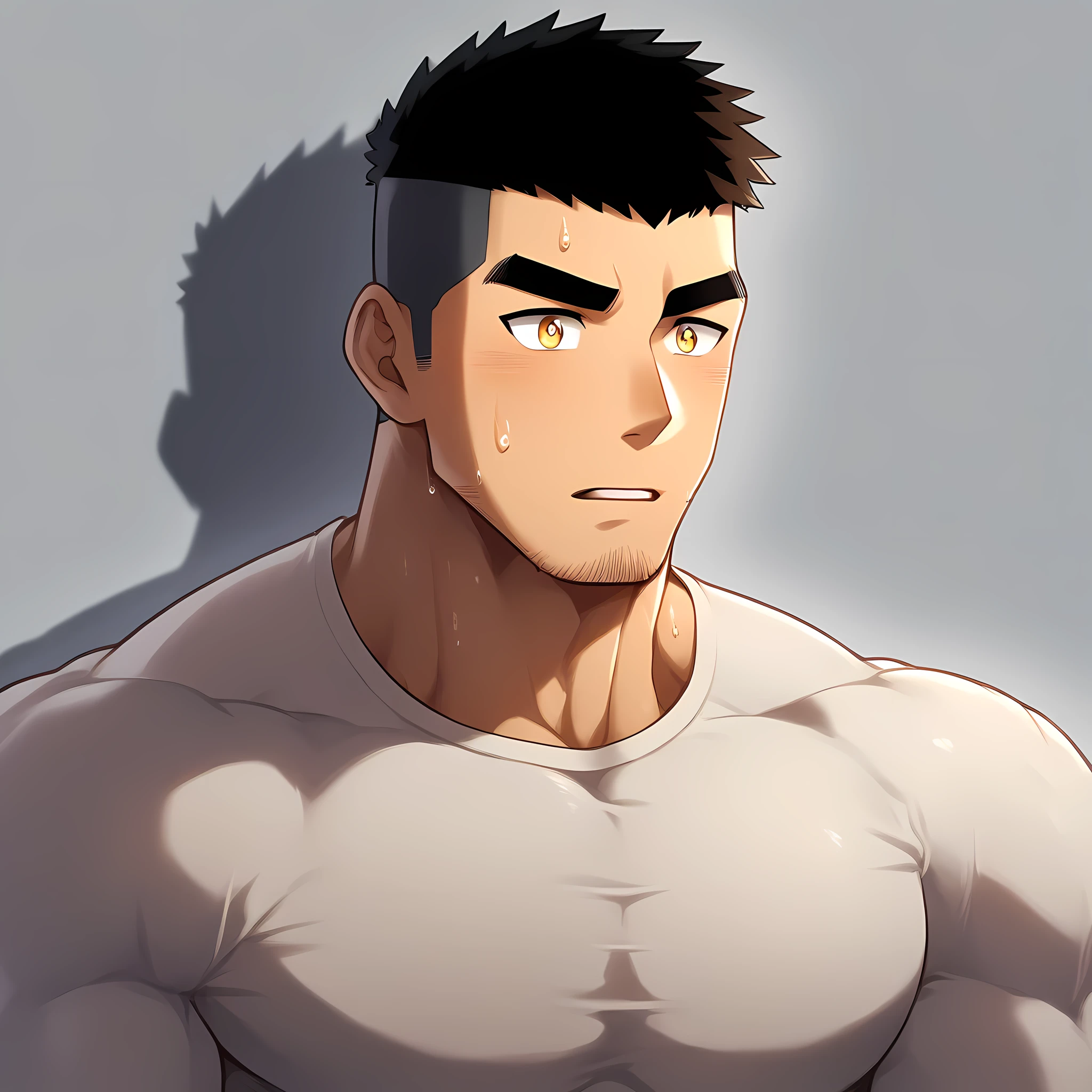 anime characters：Gyee, Muscle Sports Student, 1 muscular tough guy, Manliness, male focus, Light yellow high collar long sleeve tight T-shirt, Very tight, The clothes were soaked with sweat, The pectoral muscles are oversized, Slightly transparent, muscular male, muscular, only, Upper body, alone, Black short hair, Thick eyebrows, stubble, Yellow eyes, Grey background, simple background, amazing quality, best aesthetics, Ridiculous, bright pupils, crew cut, parted lips, shy, blush, drop shadow, best quality