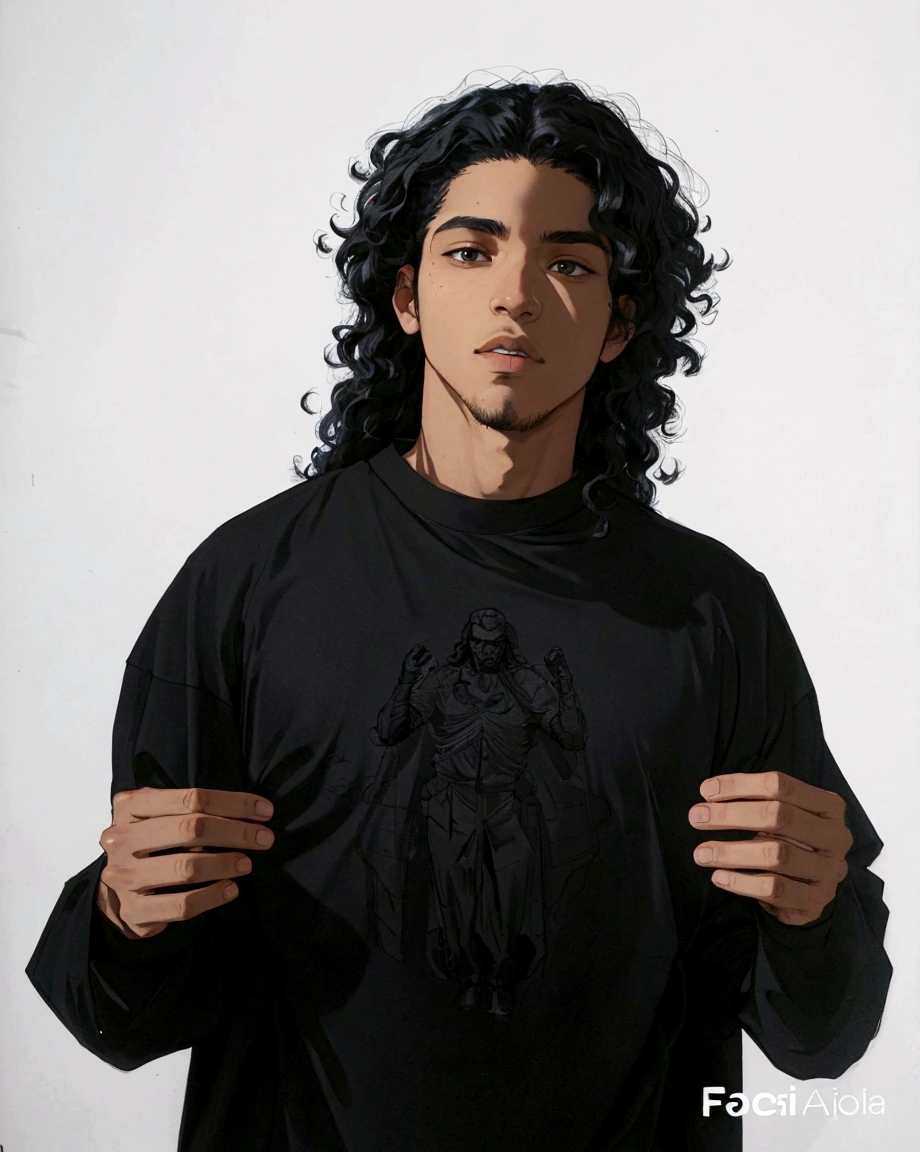 arafed man holding a black sign with his hands, a black man with long curly hair, standing with a black background, photo of a man, enes dirig, joel torres, subject action: holding sign, subject action : holding sign, nick silva, he is wearing a black t-shirt, headshot profile picture, caio santos, a photo of a man, Japanese art style