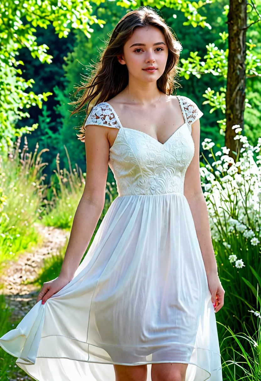 lovely woman blanche, European, brune, 19 ans, belle, young femme, dressed in a white dress, young, 19 ans, full body, caucasienne, tetas grandes, dressed in white dress, brunette, dans la nature, alone, lovely woman, realistic, photo, photo realistic