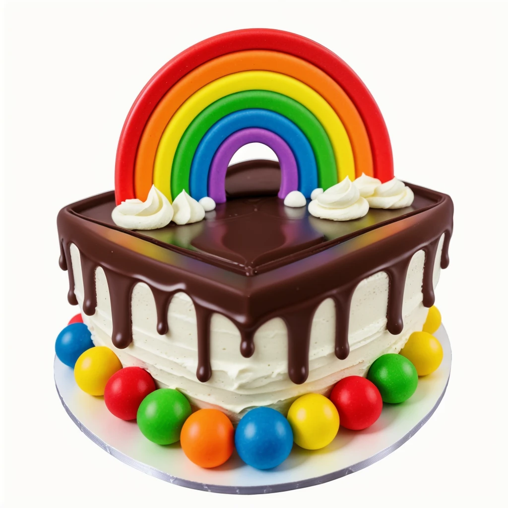 on a wooden table, on a white porcelain plate, a tiny cake, the walls of the cake are made of multi-colored chocolate bars, on top are multi-colored cream stripes, multi-colored candies in the form of balls, bright lights, soft light, window light, professional lighting, light from the window, neat light, realistic texture, realistic style, detailed texture, high quality, high resolution, high quality rendering, realistic photo, brightning light, macro photo