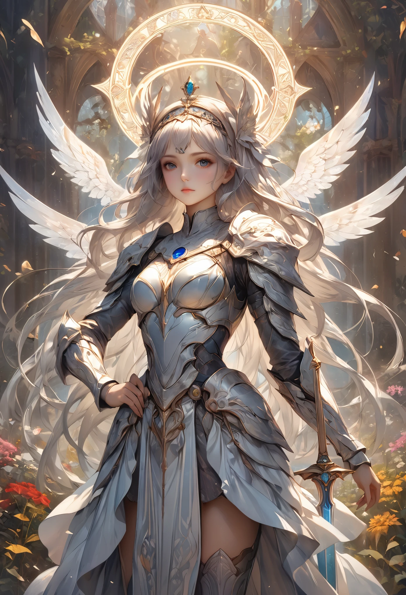 8K resolution, masterpiece, Highest quality, Award-winning works, unrealistic, sole sexy lady, healthy shaped body, 25 years old, white wavy long hair, hair band, big firm bouncing bust, ancient roman military commander's armor, Pure white armor with a complex structure, royal coat of arms, Hold up Excalibur with both hands, elegant, Very detailed, Digital Painting, artステーション, コンセプトart, Smooth, Sharp focus, shape, artジャム、Greg Rutkowski、Alphonse Mucha、William Adolphe Bouguereau、art：Stephanie Law , Magnificent royal background, Royal Jewel, nature, Full Shot, Symmetric, Greg Rutkowski, Charlie Bowwater, beep, Unreal 5, Surreal, Dynamic Lighting, ファンタジーart, Complex colors, Colorful magic circle, flash,  dynamic sexy poses