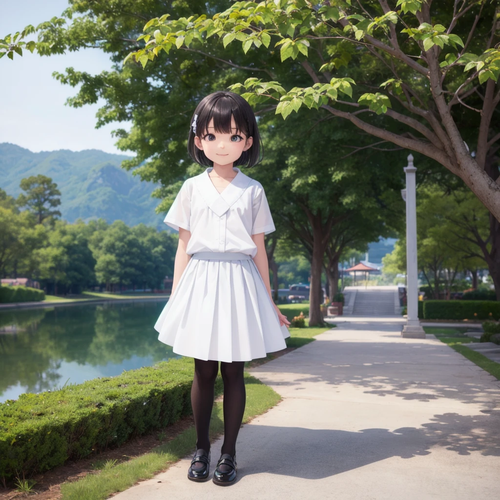 1People Girls, clear, cute, (View your viewers:1.0), detaileds sky, ((masterpiece:1.4, Highest quality)), multiple detaileds, eye shadow, SFW, (Medium Shot:1.5), Gradient eyes,
roller:addition_detailed:0.8>, (Black Pantyhose:1.2), Straight,
1People Girls, Have, Branch Eyes, short hair, Black Hair, White shirt, Semi-transparent knee-length skirt,Long skirt below knee length, Murasa Minamitsu, hishaku、smile