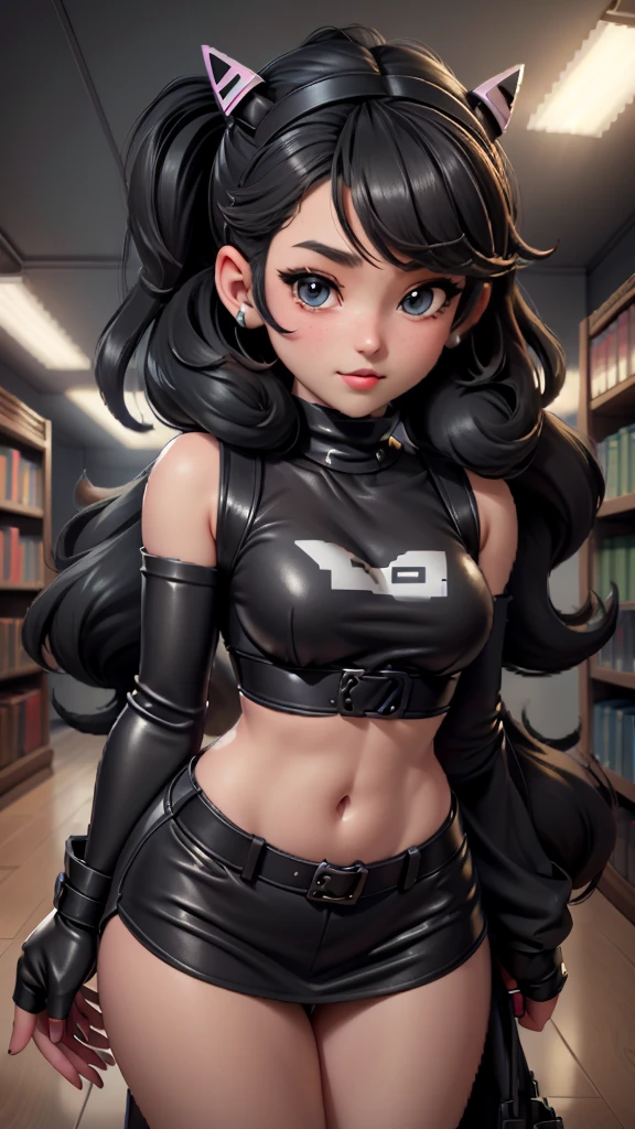 cute girl, black and gray Siphonaptera type chibi, bright eyes with cute anime style expressions, eager to explore the world, ("MSX" written on the head), retro style clothing with pixel art motifs, happy, playful, in a library, writing