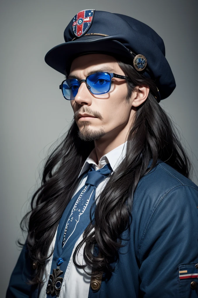 Skull with long hair, blue glasses with circular lens, Confederate cap,