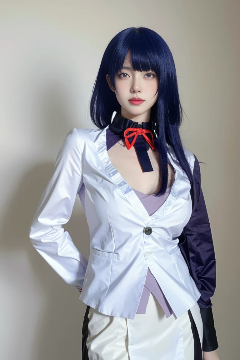 best quality, tmasterpiece,Ultra-high resolution,Clear face,(Reality:1.4),ferpect lighting,(upper body shot), (photorealistic:1.50), anime wallpaper, Guviz style artwork, cover-up fantasy up to magic , by Yang J, Guviz, beautiful artwork illustration, beautiful digital artwork, beautiful digital illustration, Li Song, beautiful anime portrait, art style in Beauvot,1girl,独奏, (purple hair;1.3), (hair ornament:1.0),raiden shogun, no expression, (business suit:1.5), (White shirt), (blazer), (tight skirt), long hair, ponytail, high ponytail, (purple hair), purple eyes, mole under the eye, looking at side, super Giant breasts, (looking at viwer),