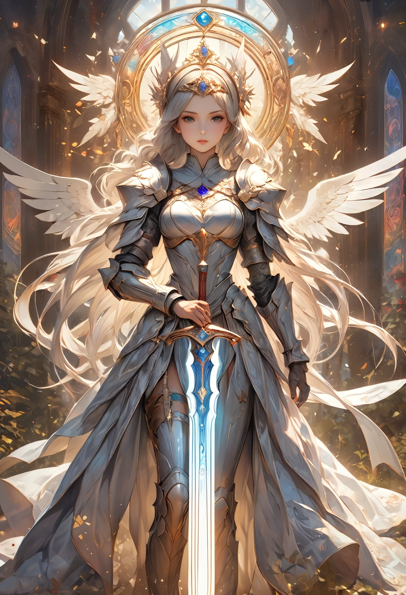 8K resolution, masterpiece, Highest quality, Award-winning works, unrealistic, sole sexy lady, healthy shaped body, 25 years old, white wavy long hair, hair band, big firm bouncing bust, ancient roman military commander's armor, Pure white armor with a complex structure, royal coat of arms, Hold up Excalibur with both hands, elegant, Very detailed, Digital Painting, artステーション, コンセプトart, Smooth, Sharp focus, shape, artジャム、Greg Rutkowski、Alphonse Mucha、William Adolphe Bouguereau、art：Stephanie Law , Magnificent royal background, Royal Jewel, nature, Full Shot, Symmetric, Greg Rutkowski, Charlie Bowwater, beep, Unreal 5, Surreal, Dynamic Lighting, ファンタジーart, Complex colors, Colorful magic circle, flash,  dynamic sexy poses