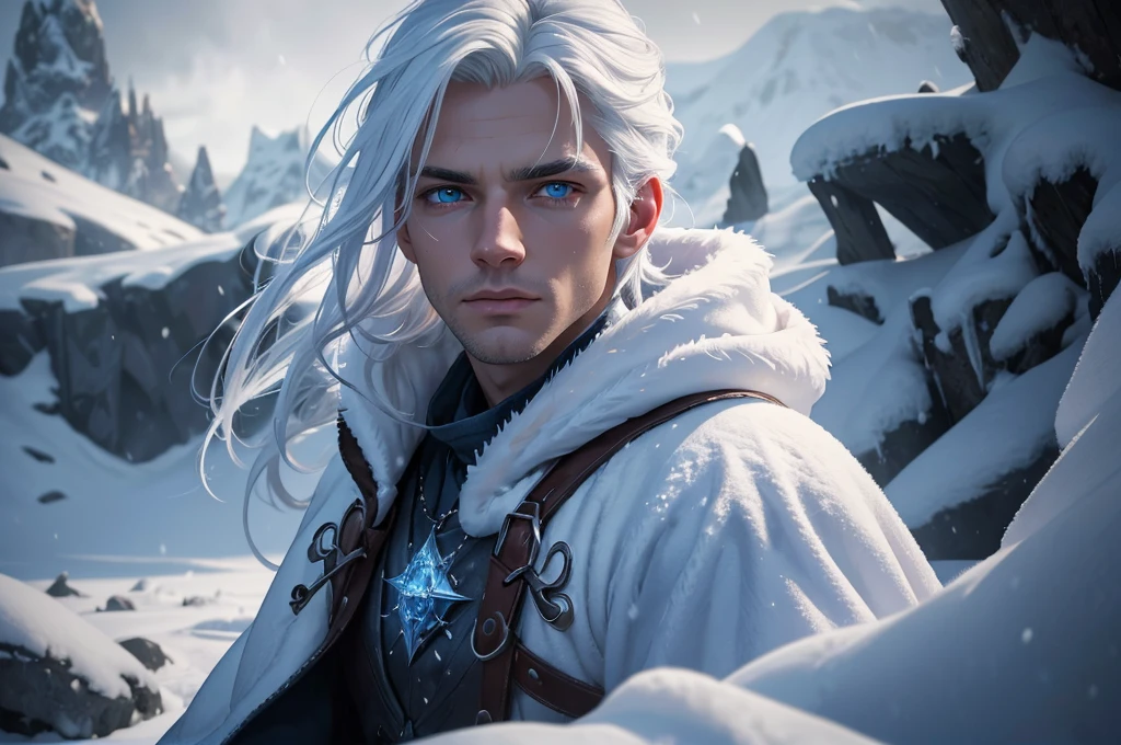 A young and handsome man, mage, white hair, blue eyes, adventurer, in a snowy place, alchemist's clothes, (best quality,4k,8k,highres,masterpiece:1.2),ultra-detailed,(realistic,photorealistic,photo-realistic:1.37),detailed face, beautiful detailed eyes, beautiful detailed lips, extremely detailed eyes and face, long eyelashes, portrait, fantasy, magical, cold atmosphere, icy landscape, snow, winter, alchemy, mystical, cinematic lighting, dramatic lighting, moody lighting, vibrant colors, ethereal