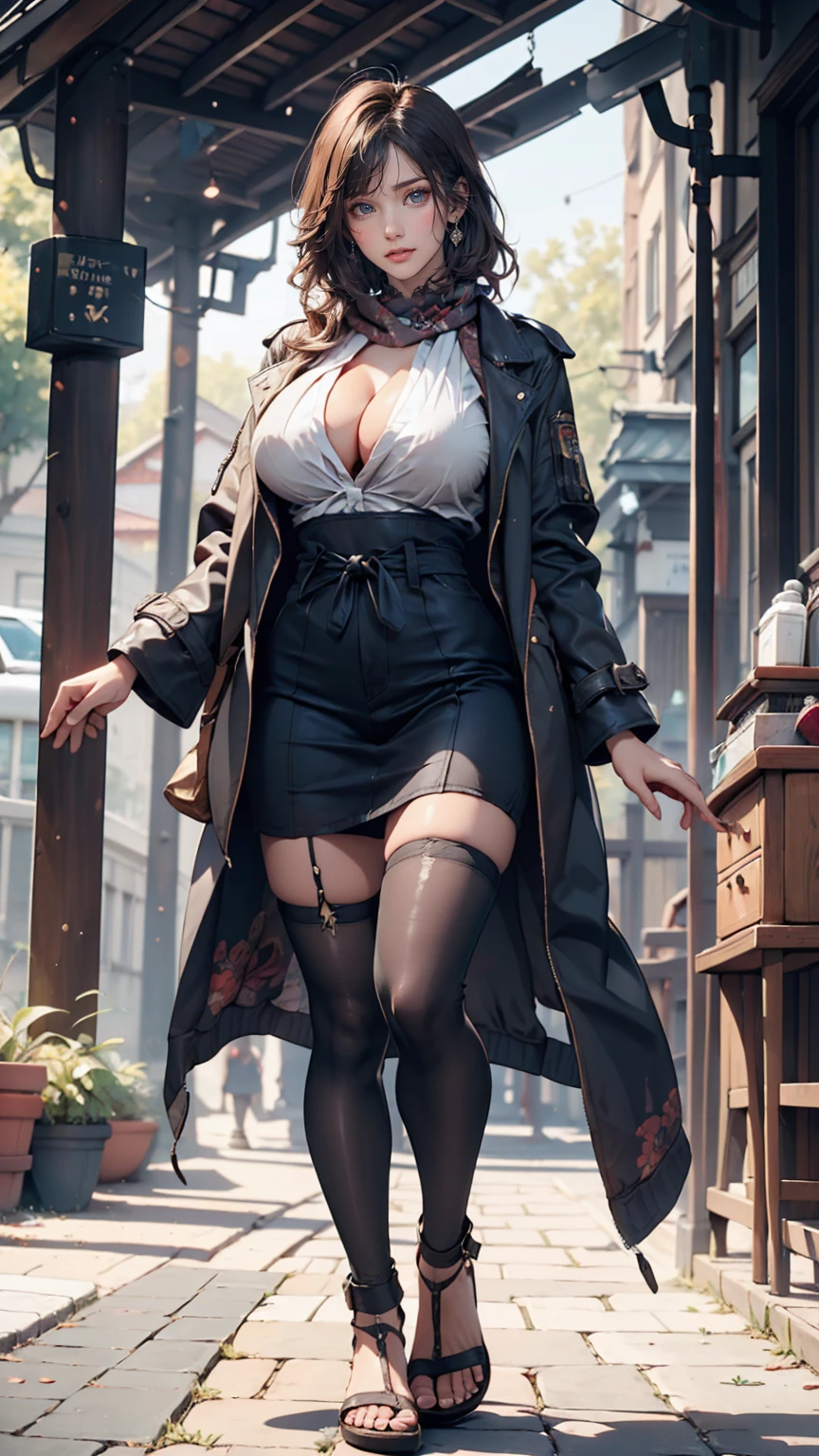 24 year old Caucasian female、Sexy proportions、Sexy、Breasts protruding forward(Rocket Boobs)、Female Ninja(scarf、Jacket、Hakama、Hand guard、stumbling、tabi、Straw sandals)