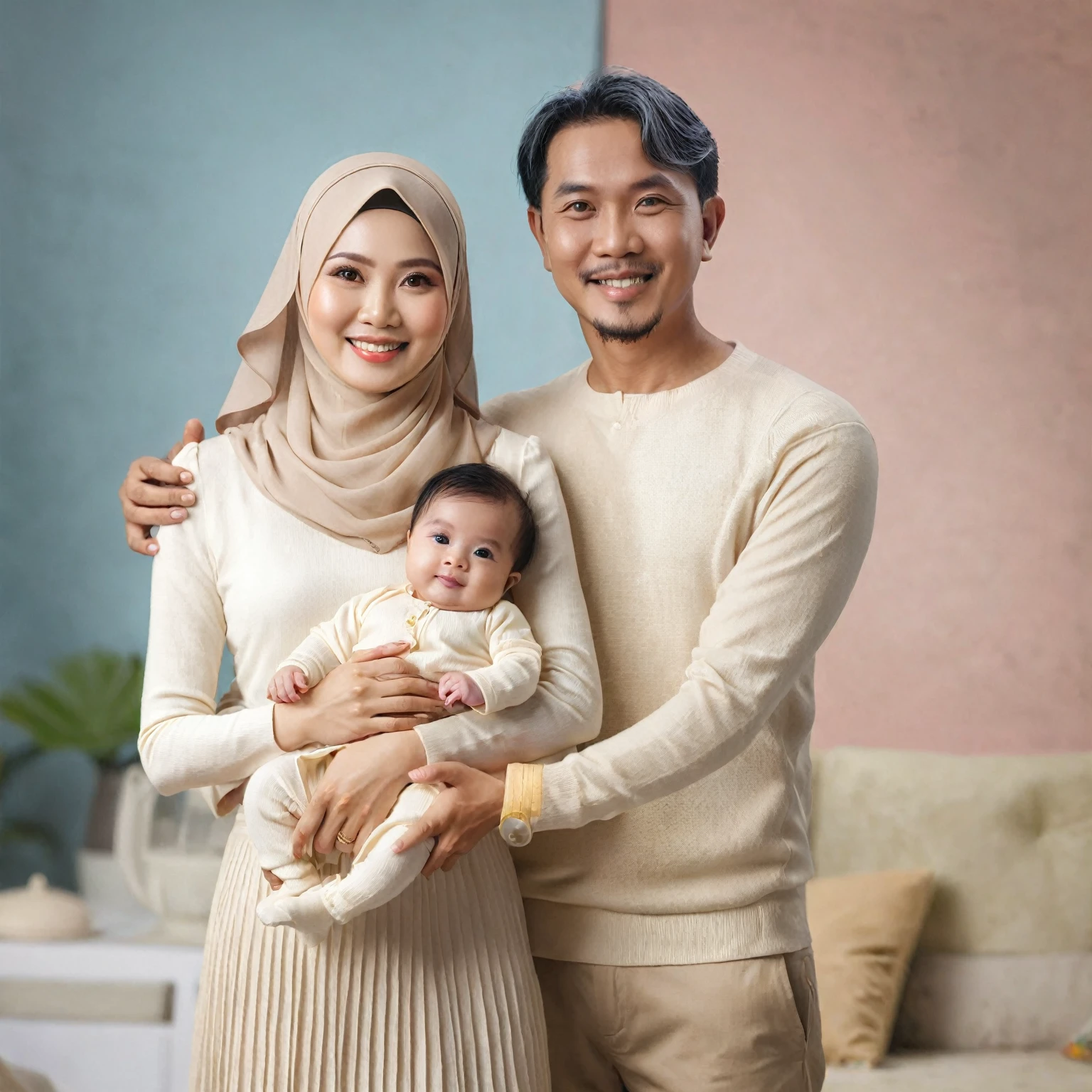 there is a man and woman holding a baby in a living room, an indonesian family portrait, portrait of family of three, husband wife and son, happy family, full protrait, color studio portrait, family portrait, home photography portrait, realistic portrait photo, inspired by Basuki Abdullah, true realistic image, potrait, color portrait