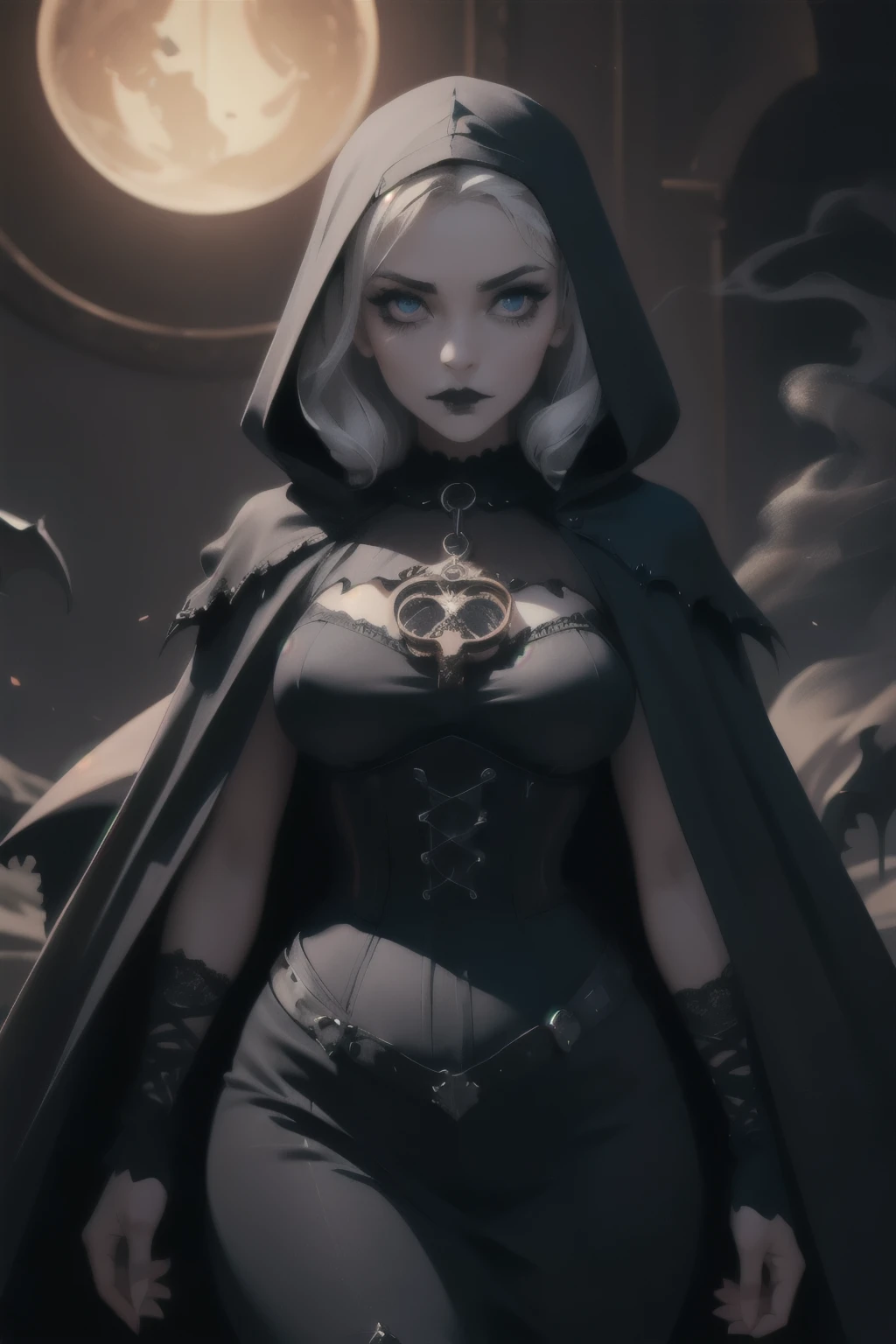 highres, masterpiece, perfect lighting, bloom, cinematic lighting, adult, perfect skin, female, looking at viewer, cowboy shot, (gothic:1.5), curvy figure, mesmerizing, dramatic smoky eye makeup, wearing a velvet cloak, ornate silver key, hinting at the mysteries that lie within her world