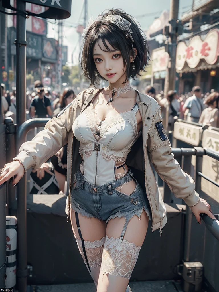 (Full Body View:1.4)、(Full body:1.4)、(Smiling with teeth showing:1.3),(Shibuya Gal:1.5)、(Hostess:1.4)、(Neo-goth fashion:1.5)、(Punk RockVisual Kei:1.3)、(Futuristic baby doll in white, beige and denim:1.5)、(A delicate short jacket in denim, beige and navy:1.5)、(Denim garter belt:1.5)、(Tattered denim and a white micro mini skirt:1.3)、(Heart-shaped silver accessories:1.5)、(Brown Skin Belt:1.4)、(Blue High Heels:1.4)、(Lace patterned underwear:1.4)、20-year-old、NSFW,((Highest quality、In 8K、masterpiece:1.3))、Sharp focus:1.2、(Layered Cut、Huge boobs:1.1),Beautiful woman with perfect figure:1.4、(Doing an aerobics pose:1.3)、Slender Abs:1.2、Butt、Highly detailed face and skin texture、Detailed eyes、double eyelid,(Short Hair:1.3)、(Black brown hair:1.3)、Obscene、Gravure idol、(Luxurious amusement park at night:1.3)、(Make your legs thinner:1.4)、(Thin thighs:1.4)、(Slim body:1.3)、(clavicle:1.1)