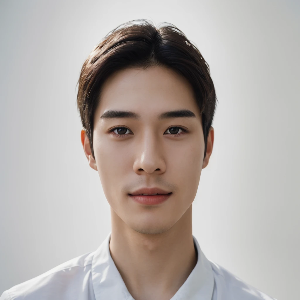 Best Quality, 8k, Masterpiece, (Portrait: 1.3), (photo realistic:1.4), (hyper realistic:1.4), Sharp Focus, looking at viewer, (smoother lighting:1.1), (increase cinematic lighting quality:0.9), realistic lighting, backlighting, light on face, ray trace, (brightening light:1.2), (Increase quality:1.4), sharp detail, (best quality real texture skin:1.4), finely detailed eyes, black_eyes, finely detailed face, 25 year old Korean men smiling_face