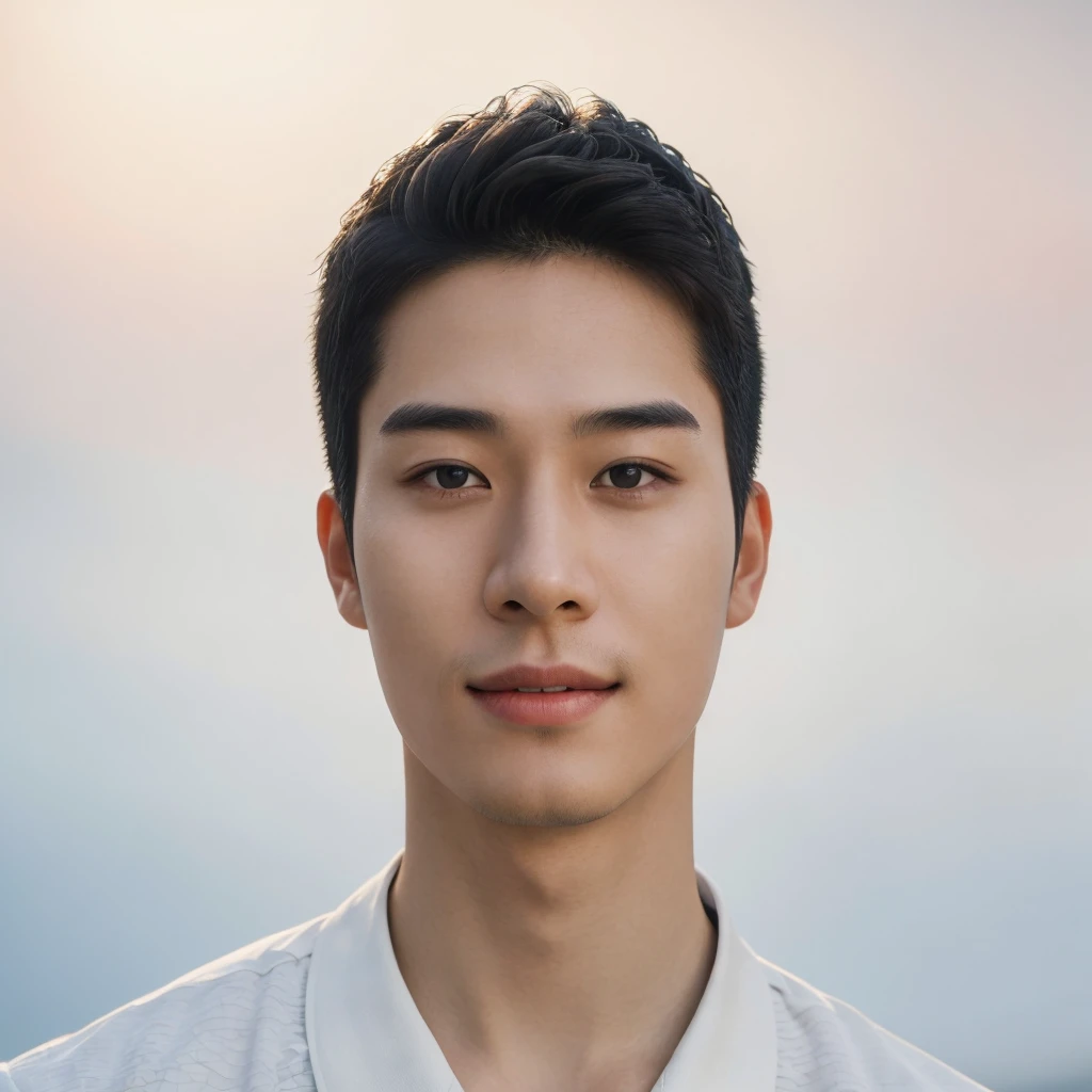 Best Quality, 8k, Masterpiece, (Portrait: 1.3), (photo realistic:1.4), (hyper realistic:1.4), Sharp Focus, looking at viewer, (smoother lighting:1.1), (increase cinematic lighting quality:0.9), realistic lighting, backlighting, light on face, ray trace, (brightening light:1.2), (Increase quality:1.4), sharp detail, (best quality real texture skin:1.4), finely detailed eyes, black_eyes, finely detailed face, 25 year old Korean men smiling_face