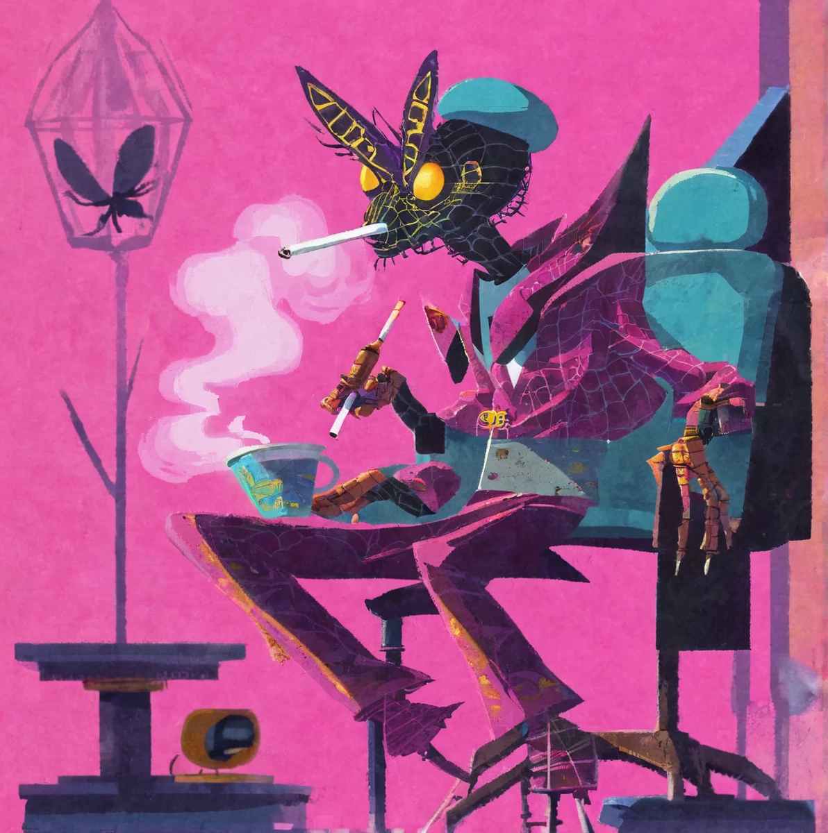 Spike Robot Spider Moth Monster Man, smoking Cigar, pink stewardess hat, Studio at Las Vegas 