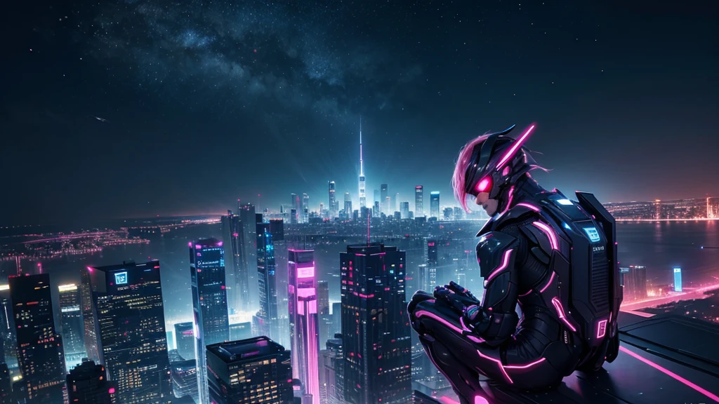 Fictional cities, Near future , cyber-, night, View from the roof of the building, night景, Bright colors,cyber-パンクのまばゆいばかりの街並み, Skyscrapers with bright and vivid colors, Neon Signs,The pink color stands out