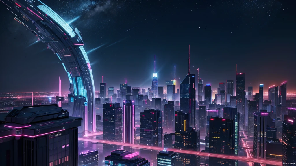 Fictional cities, Near future , cyber-, night, View from the roof of the building, night景, Bright colors,cyber-パンクのまばゆいばかりの街並み, Skyscrapers with bright and vivid colors, Neon Signs,The pink color stands out