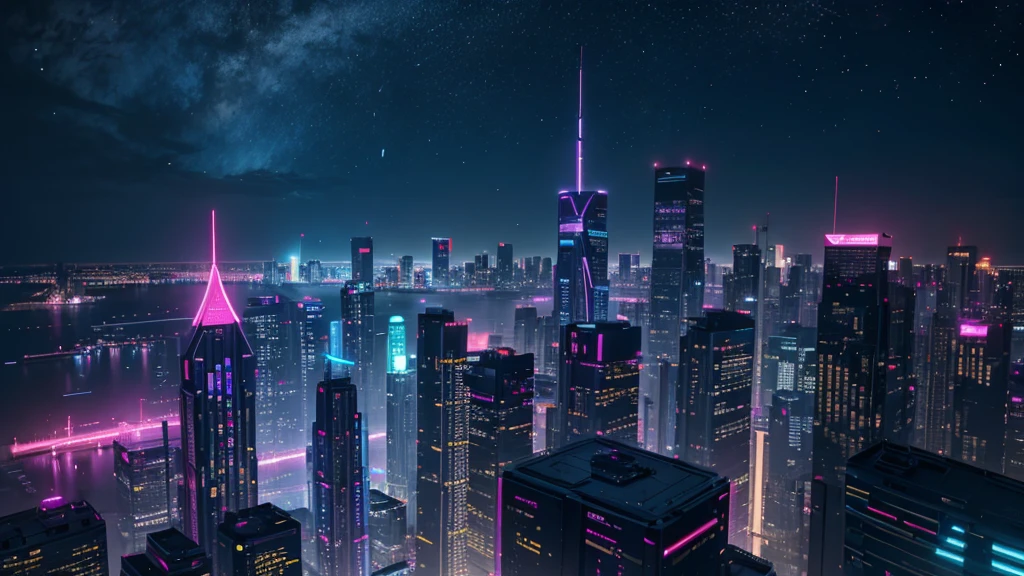 Fictional cities, Near future , cyber-, night, View from the roof of the building, night景, Bright colors,cyber-パンクのまばゆいばかりの街並み, Skyscrapers with bright and vivid colors, Neon Signs,The pink color stands out