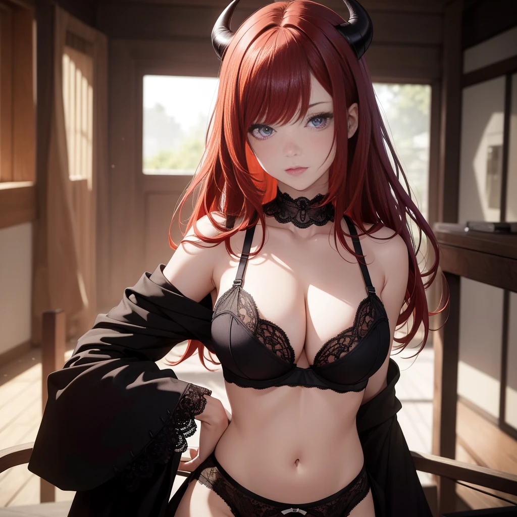 (Masterpiece: 1.3), (Max Resolution: 4K), (Ultra HDTV: 8Å), Dramatic Lighting, Highest Quality, Upper Body Focus, One Redhead Girl, View from Above, Medium-Length Hair, Purple Eyes with Devil Horns, Black Coat, Indoor Scene, Dimly Lit, Age 23, Open Bust Revealing a Lace Black Bra.
This image is a masterpiece of 8K resolution, capturing the highest quality detail possible. The focus is on the upper body of a 23-year-old redhead with medium-length hair. She is depicted from