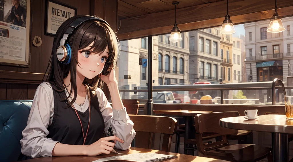 Girl with headphones enjoying music in a cafe