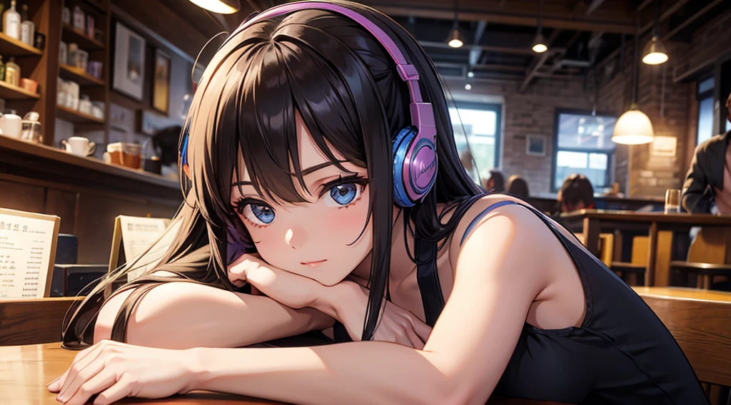 1 girl in、Listening to music、A dark-haired、inside in room、Wearing headphones、face perfect、perfect bodies、