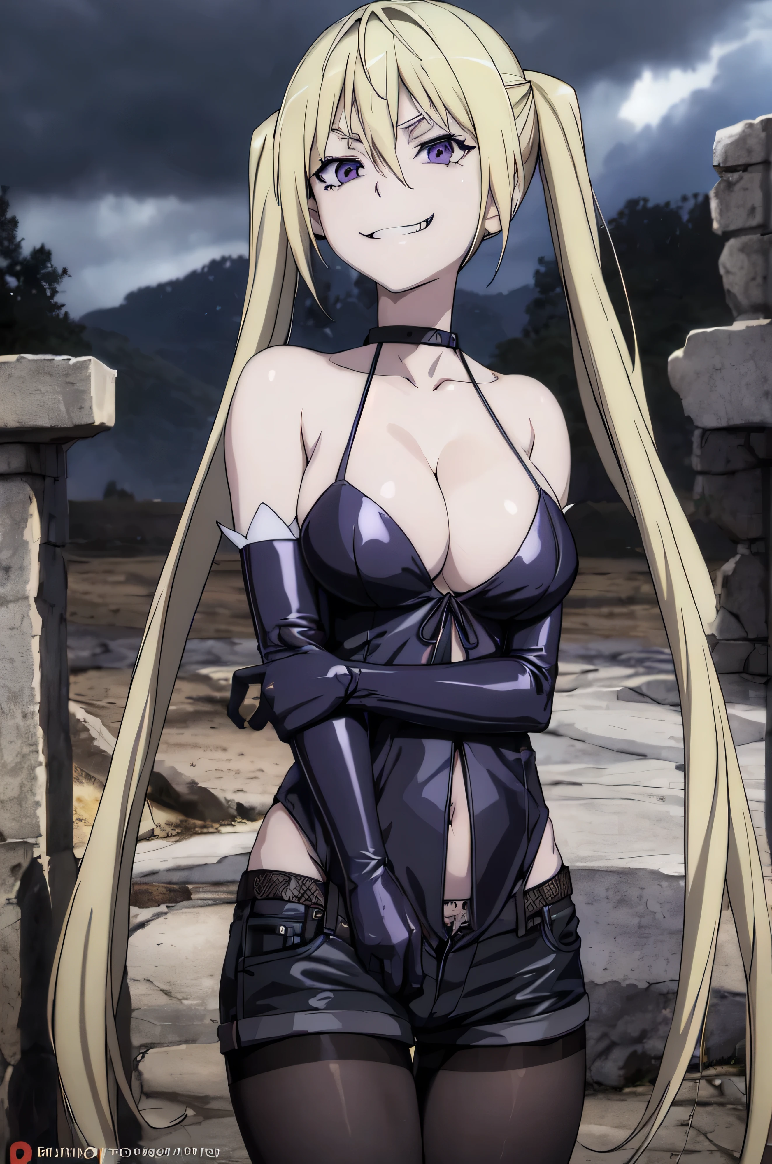(masterpiece, best quality), 1girl, lieselotte sherlock,high quality, extremely detailed, ,(dark and stormy skies, lightning)(masterpiece:1.0),(Highest_quality:1.0), 超High resolution,4k,Super detailed, 8K, HDR, High resolution, disorganized:1.2, twintail,,looking at viewer,latex,elbow gloves,,, ,official art,short pants,(beautiful_face:1.5),(narrow_waist),,Highly detailed CG Unity 8K wallpaper, perfect lighting,laugh at,too evil smile,too evil smirk,looking down at viewer,upper body,smile bad,deep shaded face,too evil fall,