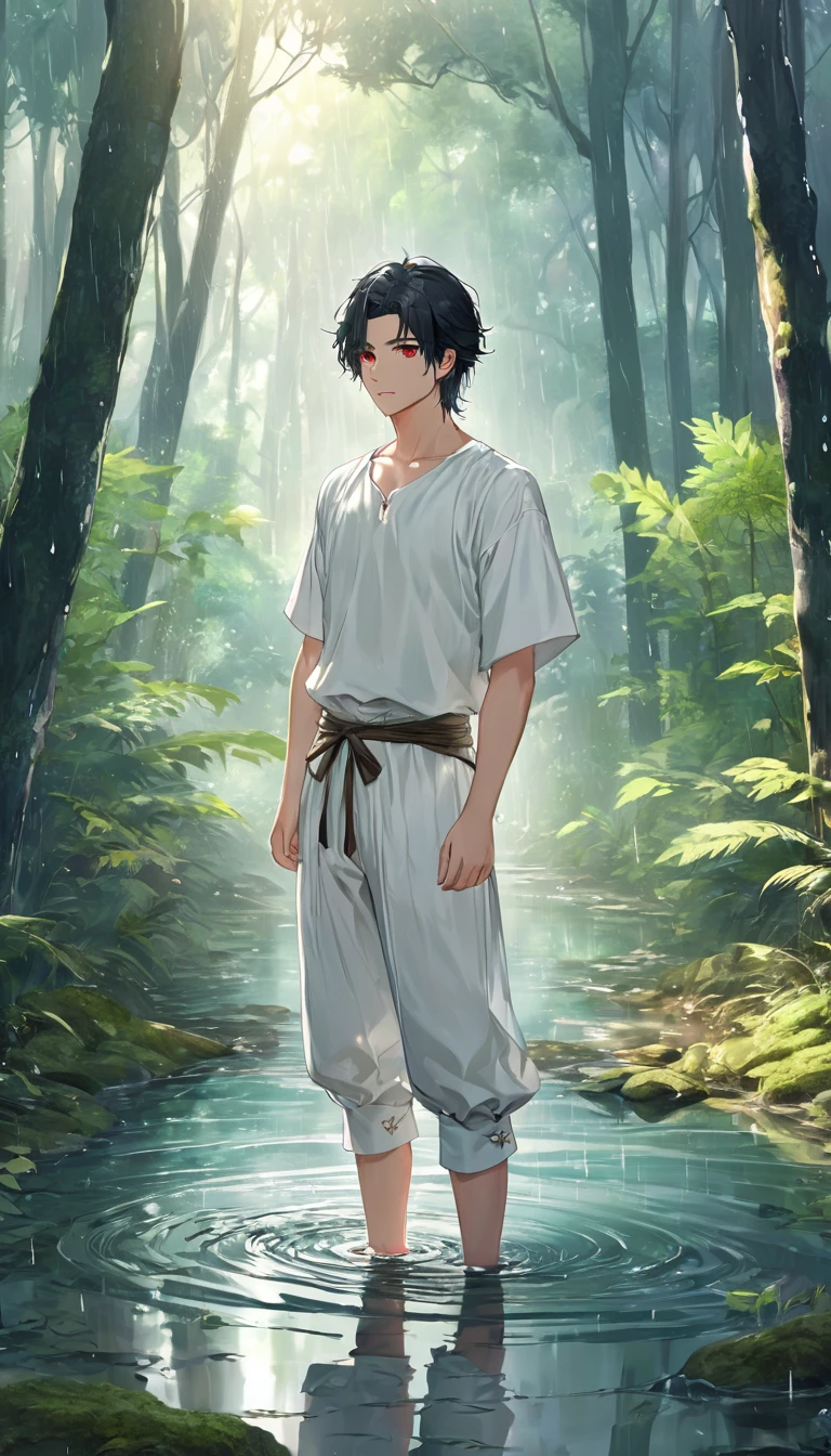 Anime-style male character standing in forest, (black hair:1.2), (gentle expression:1.1), red eyes, Plain white shirt and plain white trousers medieval set outfit, (Standing in the middle of the forest with rainwater on the ground:1.3), sunlight reflecting on water, rain forest, subtle water splashes, high-resolution digital art, soft color palette, tranquil atmosphere, (serene ocean background:1.1), realistic water texture