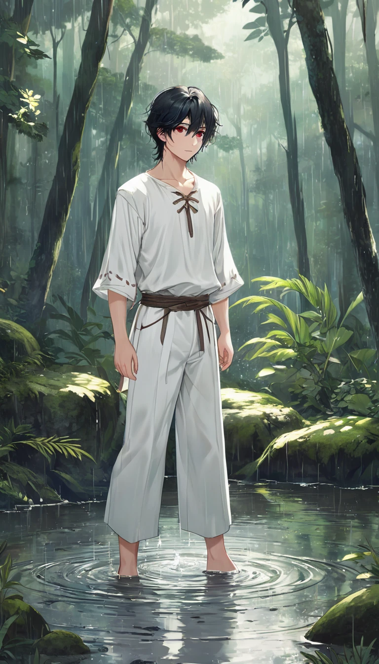 Anime-style male character standing in forest, (black hair:1.2), (gentle expression:1.1), red eyes, Plain white shirt and plain white trousers medieval set outfit, (Standing in the middle of the forest with rainwater on the ground:1.3), sunlight reflecting on water, rain forest, subtle water splashes, high-resolution digital art, soft color palette, tranquil atmosphere, (serene ocean background:1.1), realistic water texture