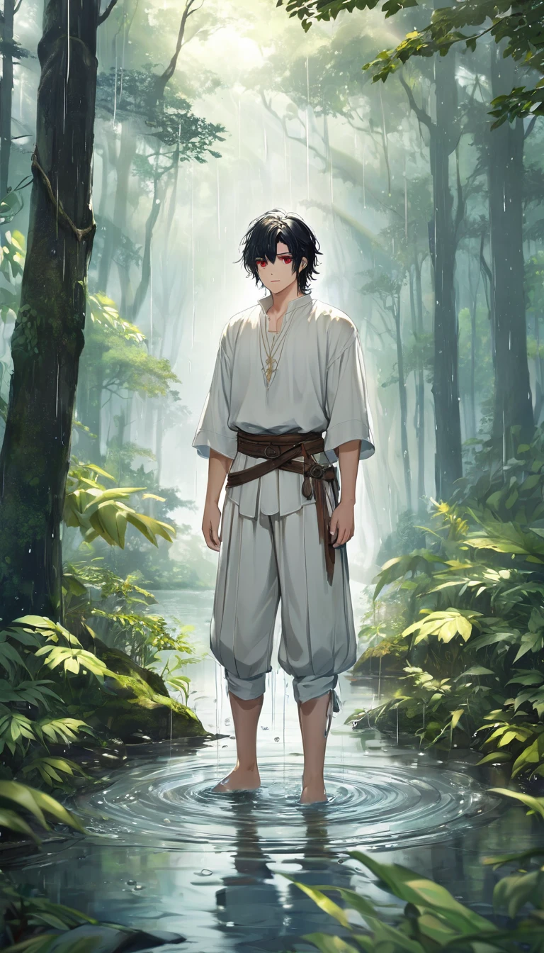 Anime-style male character standing in forest, (black hair:1.2), (gentle expression:1.1), red eyes, Plain white shirt and plain white trousers medieval set outfit, (Standing in the middle of the forest with rainwater on the ground:1.3), sunlight reflecting on water, rain forest, subtle water splashes, high-resolution digital art, soft color palette, tranquil atmosphere, (serene ocean background:1.1), realistic water texture