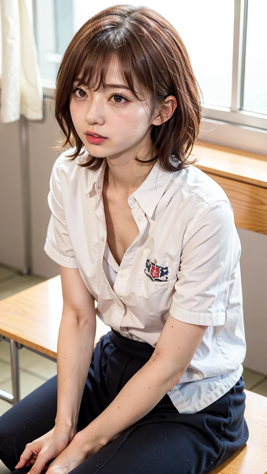 8K quality、High resolution、Beautiful fair skin texture、High resolutionの瞳、Japanese high school girls、Summer uniform、Open-neck short-sleeved white shirt、Cleavage、mini skirt、Brown Princess Hair、、Small breasts、Sweat accumulates in the chest、classroom