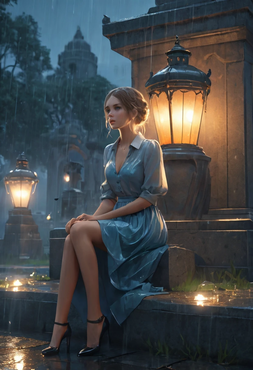 (Extremely detailed CG unity 8k wallpaper), Beautiful young woman in the rain, skirt, sit, Cemetery with lanterns, Style Empire, (Style - Glass), (((Surrealism))), full_Body_shooting, dramatic, Backlight, Light, Volumetric Lighting, Delicate face, Very detailed,