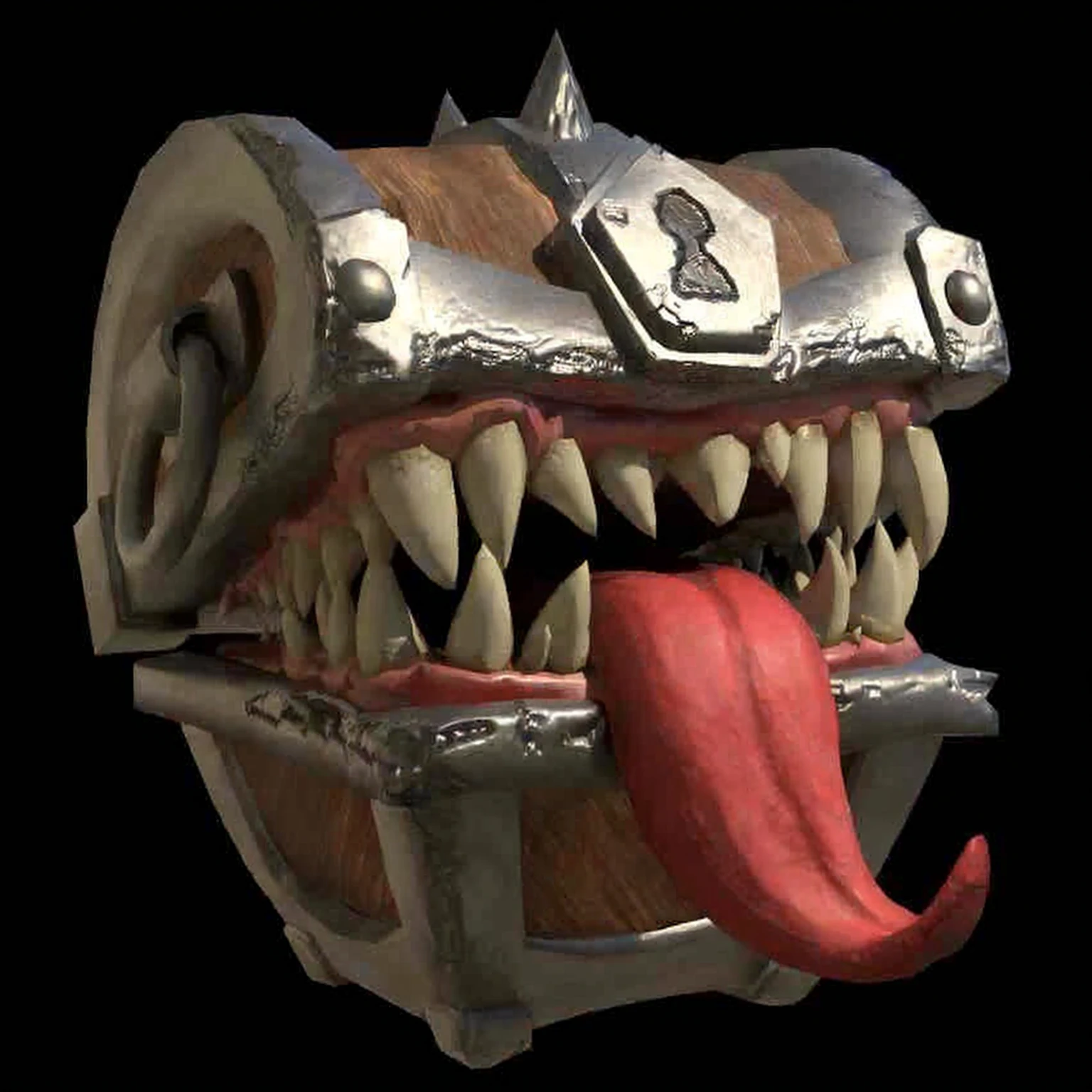 Has a big mouth and a big red tongue, Very detailed back of mouth, Detailed mouth, Worm mouth, Big mouth,There are teeth, Biomechanical opening of the chewing mouth, Dragon's mouth, Artifact dota2, Big Mouth, Ferocious Mask, Pudge from dota 2, Big metal chin, Bug round mouth, Spiked war machine skull, Polycount competition winner