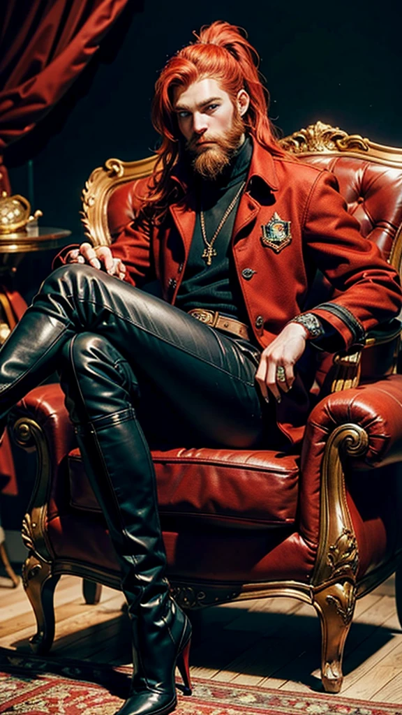 Sitting in the armchair, A beautiful redhead with a ponytail, in elegant black boots, elegant, beautiful female red coat, red painted nails, blue eyes, Beautiful young man, having beard 