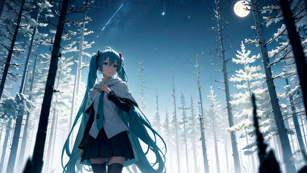 Set against the backdrop of an adventurous fantasy world、This is an image of Hatsune Miku walking through a dark forest.。She wears a mysterious cloak、In his hand he holds a glowing wand。The surroundings are shrouded in fog、In the distance you can see the silhouette of an ancient castle。The sky is a starry night、The moon casts a magical light over the forest.。