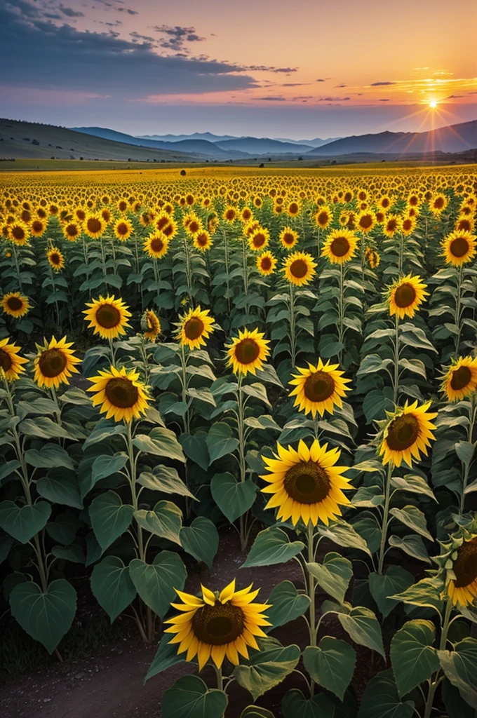 Dawn in a remote place full of sunflowers
