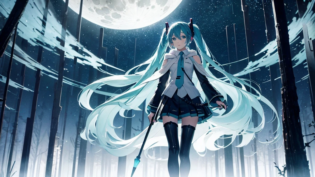 Set against the backdrop of an adventurous fantasy world、This is an image of Hatsune Miku walking through a dark forest.。She wears a mysterious cloak、In his hand he holds a glowing wand。The surroundings are shrouded in fog、In the distance you can see the silhouette of an ancient castle。The sky is a starry night、The moon casts a magical light over the forest.。