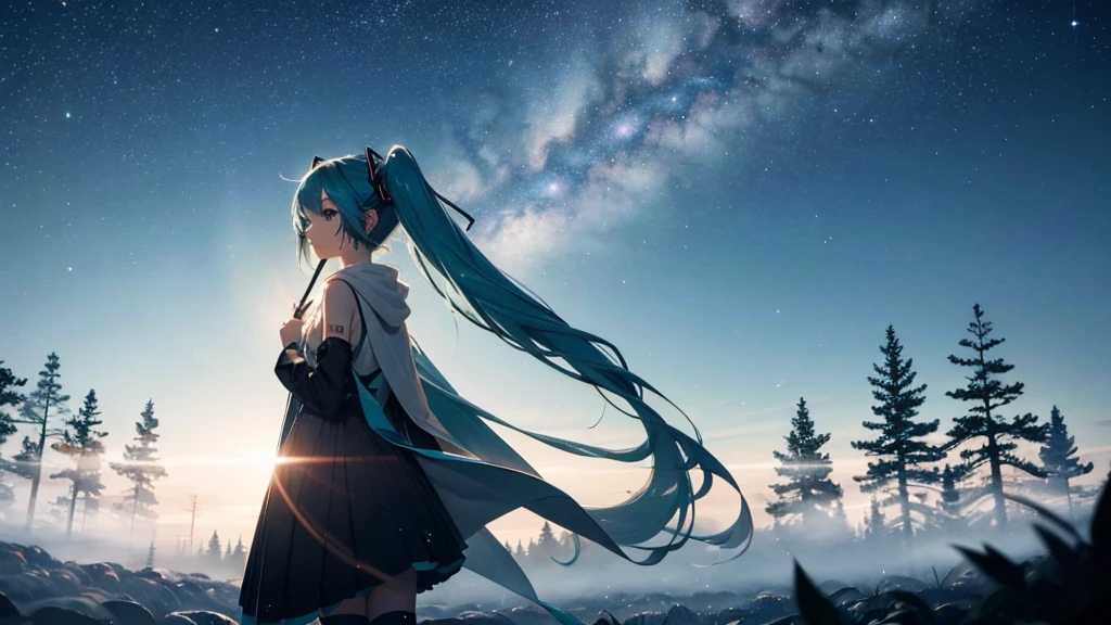 Set against the backdrop of an adventurous fantasy world、This is an image of Hatsune Miku walking through a dark forest.。She wears a mysterious cloak、In his hand he holds a glowing wand。The surroundings are shrouded in fog、In the distance you can see the silhouette of an ancient castle。The sky is a starry night、The moon casts a magical light over the forest.。